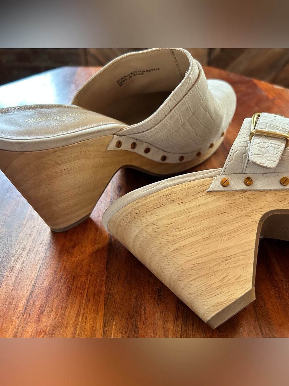 Veronica Beard Cream Croc-Embossed Leather Mule Clogs with Gold Buckle - Picture 9 of 10